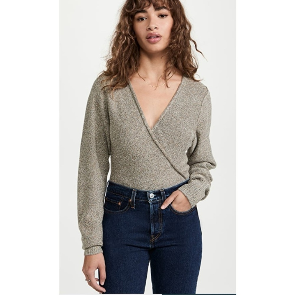 Free People Going for Gold Wrap Sweater Tan Gold Metallic M